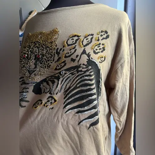 Vintage Doncaster jewel beaded jungle cats cotton shirt, size medium Black
