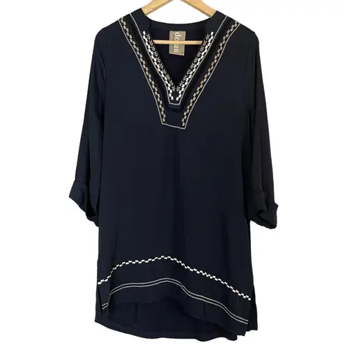Dolan Anthropologie Top Blouse Embroidered Dark Blue 3/4 Sleeves V