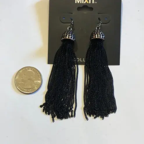 Mixit Black Metal Chain Dangling Tassel Rhinestone CZ Pierced Earrings