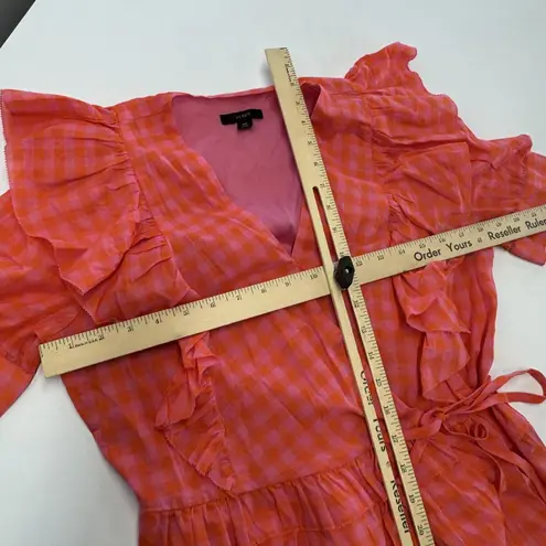J.Crew Shirt Womens XS Pink Orange Gingham Wrap Ruffle Tie Waist Peplum AW940
