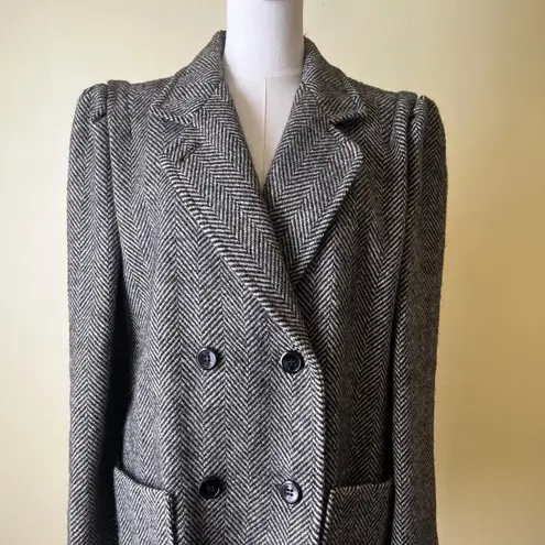Vintage International Scene Pure New Wool Herringbone Coat Size 13/14 Black Size L