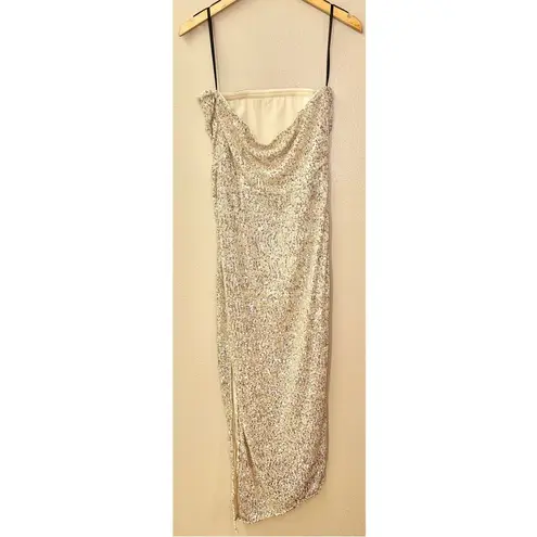 NWT House of Harlow 1960 x Revolve Sage Midi Dress Sequin Strapless Sheath Dress Silver Size M