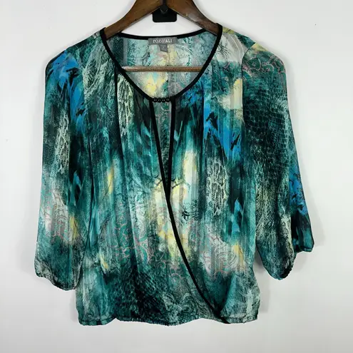 Roz & Ali Petite M Sheer Blouse Teal Blue Abstract Boho Resort Whimsigoth Y2K