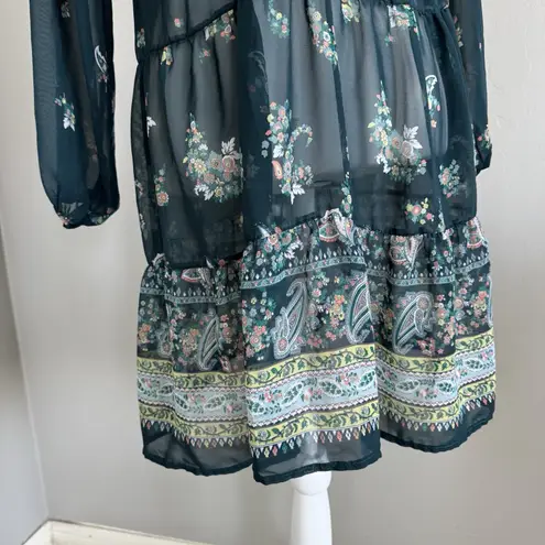 Boho Sheer Floral Tiered Mini Dress Deep V