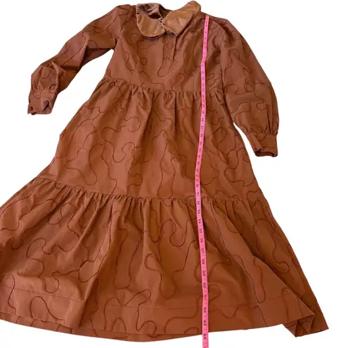 Milano Formals Mila Dress S Rust Brown Tiered Midi Long Sleeve Velvet Collar Embroidered Womens