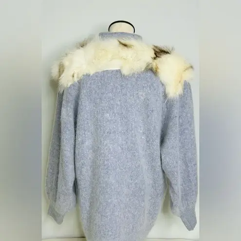 Rare Vintage Kamiran Gray Angora Button Up Sweater w/Full Taxidermy Fox Medium Blue