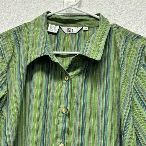 Ishyu Button Blouse 2X Green Teal Striped 100% Cotton Grannycore Work Lagenlook Size XXL