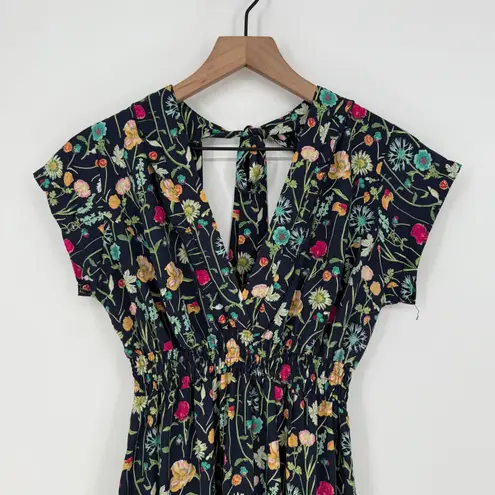 BETINA Floral Print Maxi Dress Deep V Neck Smocked Waist Tie Back Navy Black