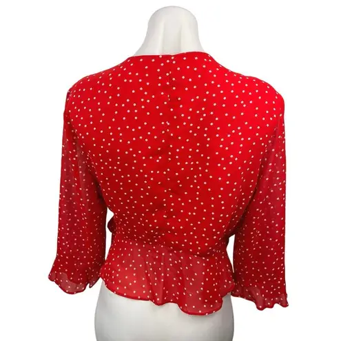 Bardot Red Polka Dots Ruffle V-neck Tie Waist 3/4 Sleeve Wrap Blouse Top Size L