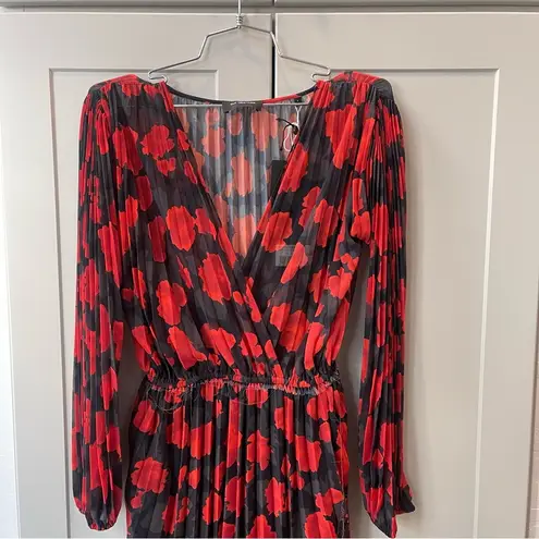 The Kooples  Floral Pleated Black Red Absract Roses Maxi Longsleeve Dress Scarf