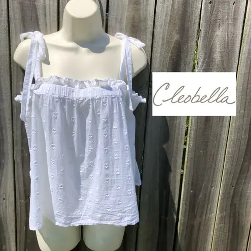 Cleobella  Large Square Neck Tie Shoulder Heart Dobby Top Blouse Sleeveless White