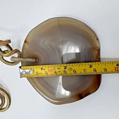 Handmade Agate Slice Pendant Leather Cord Necklace 3.5x3.5” Boho Natural Brown