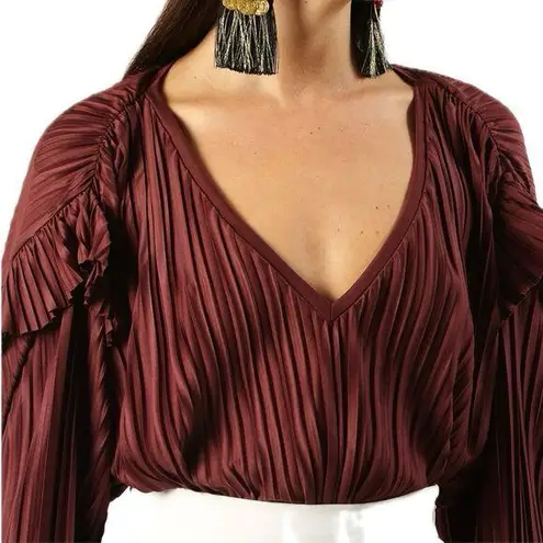 ZARA  Women's Slight Sheen Accordion Pleated Ruffle Elastic Waist V-Neck Top M - Image 1