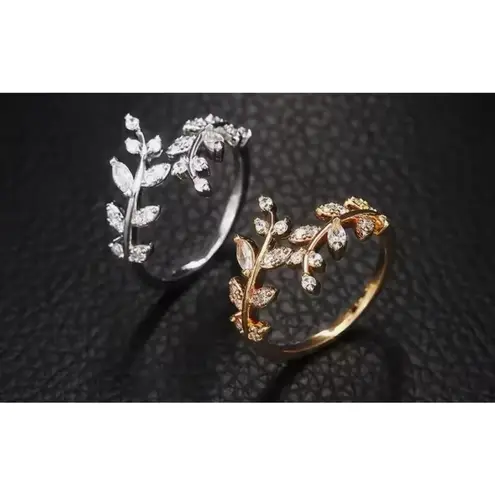 Boutique NEW Women's 14k Gold‎ Filled Solid Leaf Simulated Diamond Adjustable Ring