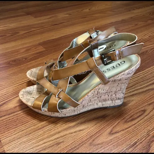 Guess  Brown Strappy Cork Wedge Sandals S8