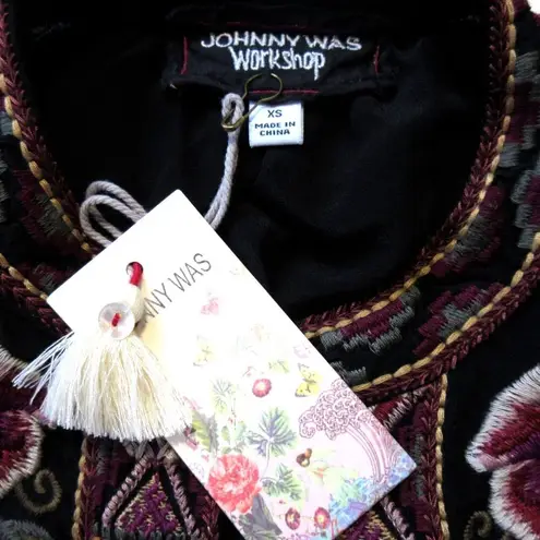 Johnny Was NWT Nepal in Black Silk Embroidered Effortless Swing Blouse Top XS