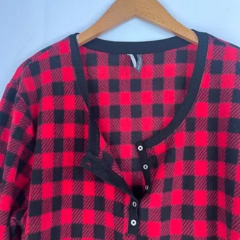 Jaclyn Intimates  Red Black Buffalo Plaid Fleece Button Vneck Sleep Top Size 2X thumbnail 4