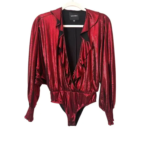 RETROFETE Fiona Plunge Neckline Metallic Bodysuit Red XS Red