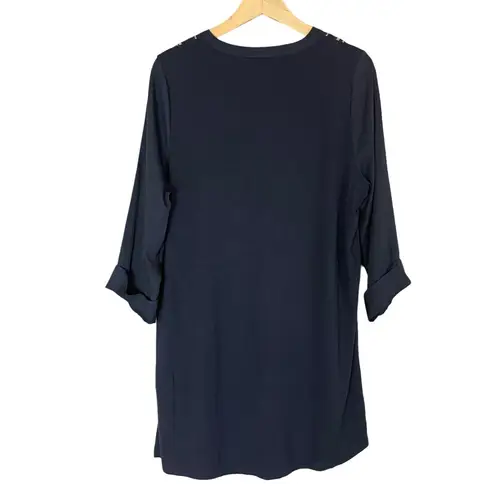 Dolan Anthropologie Top Blouse Embroidered Dark Blue 3/4 Sleeves V
