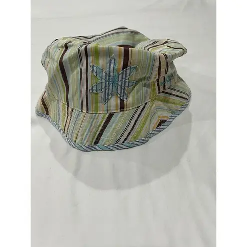 Striped Bucket Hat Blue Green Multicolor Flower Applique Cute Casual