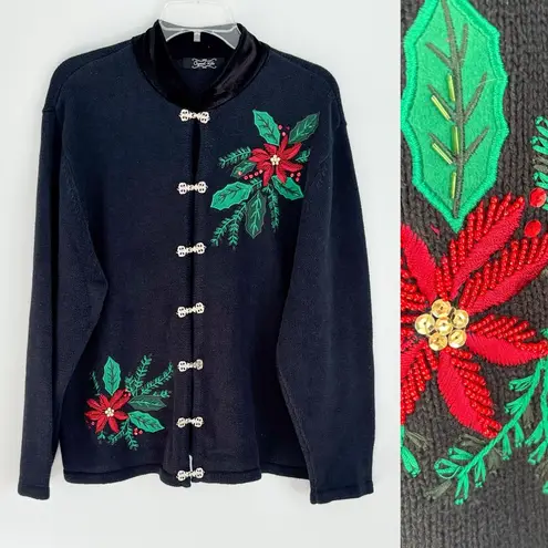Vintage 90s Christmas Sweater: Crystal Kobe Poinsettia Sequins Velvet Trim Sz XL Black
