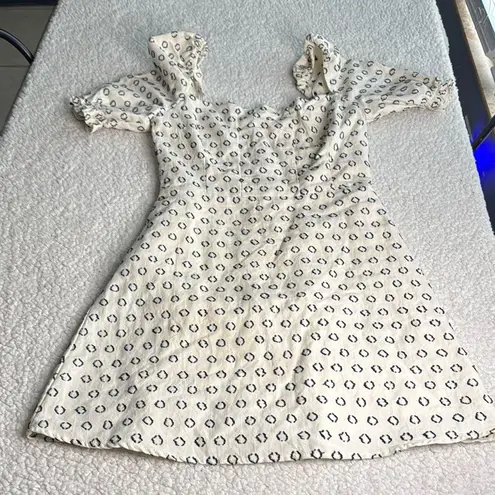 FORE Cream and Black Patterned Linen Blend Puff Sleeve Mini Dress White