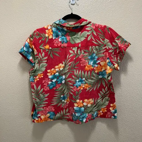 White Stag Vintage Hawaiian Red Floral Collared Crop Top Dad Shirt Size Medium