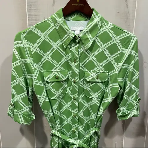 Charter Club Cute Talbots fresh avocado windowpane tie waist gold horse bait button dress