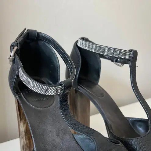 Brunello Cucinelli Black Leather Platform Block Heel Peep T-Strap Sandals 40.5