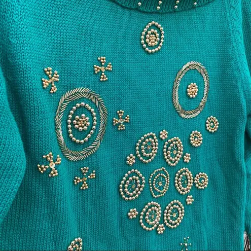 Vintage 90s teal gold art deco beaded cowl neck tunic sweater MEDIUM Green