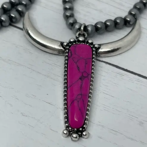 New Pink and Silver Longhorn Pendant on 18” Beaded Navajo Style Chain