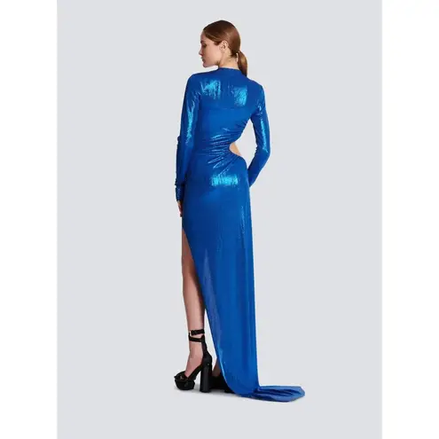 Balmain Womens Draped Laminated Jersey Long Dress in Bleu Electric 38 New Gown