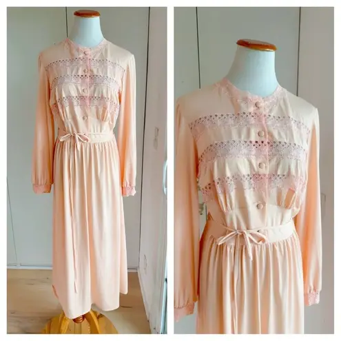 Vintage Dress French Dress Peach Medium Fit Midi Romantic Special Occasion Sleep Orange