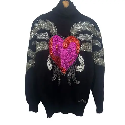 Semplice Sweater Women M Black 100% Wool Sequined Beaded Heart Signed VTG 90's Size M