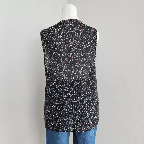 Vintage 90s Black Floral Sleeveless Vest Cardigan Top Grunge Cottage Blouse M Size XL