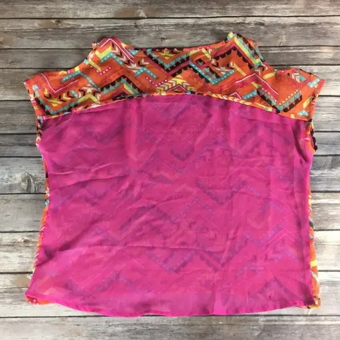 Full Tilt SHEER ORANGE & PINK AZTEC COLD SHOULDER TOP