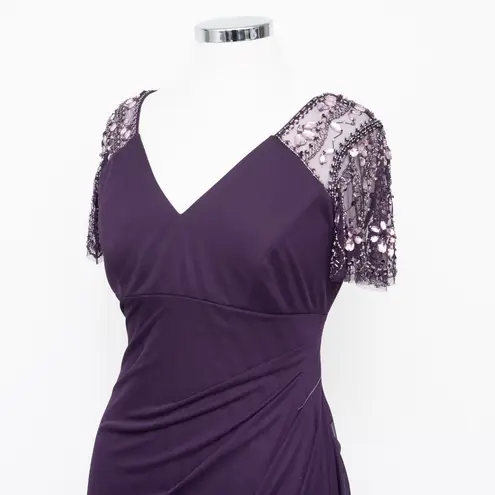 XScape Evenings. Petite "Lana" Long V-neck Beaded Flutter Sleeve Dress.