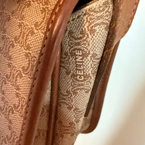 CELINE Vintage Crossbody Bag Macadam Canvas And Tan Brown Leather Trim With Gold