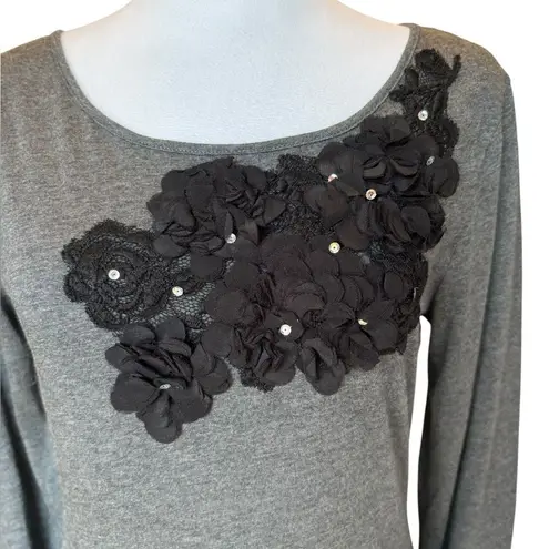 Garnet Hill Embellished Long Sleeve Top Womens Small Gray Black
