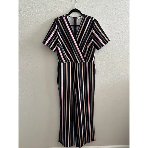 New York And Company Striped Black Pink Jumpsuit with Pockets Size Large
