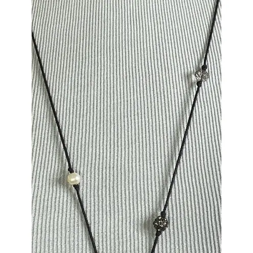 Real Pearls Baroque & Rhinestones Lariat Necklace On Black Cord Adjustable 30”