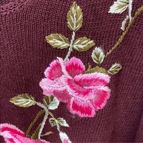 Newport News Vintage Sweater Maroon Floral Embroidered Knit V Neck Size XL