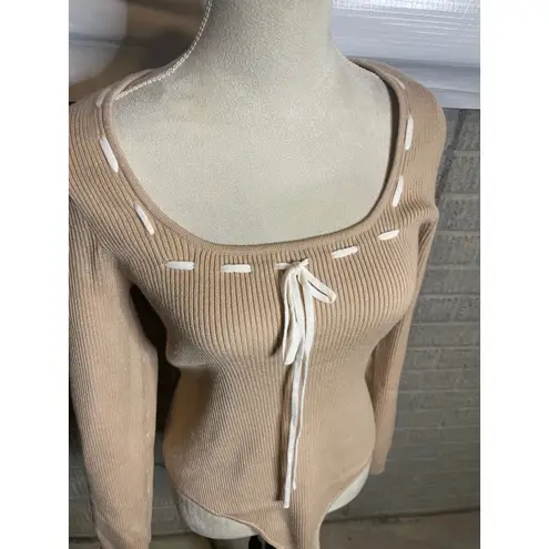 Le Lis Collection Long Sleeve Square Neck Bodysuit Beige Ribbon Tie Women's L Tan Size L