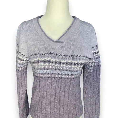 Vintage 90s Lavender Fair Isle Ribbed High V Neck Sweater Small Ski Cabincore Purple