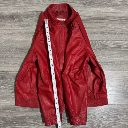 Vintage Women Genuine Red Leather Bomber Zip Front Jacket Made in Korea Sz M Size M