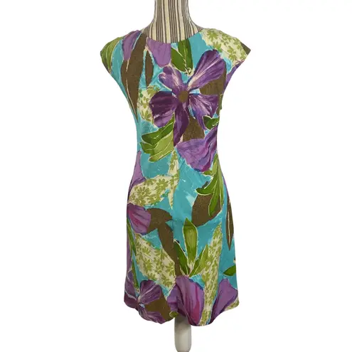 Jams World Turquoise Purple Green Flower Song Print Sleeveless Dress Size Small