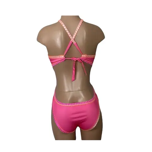 NWT PQ Swim Crochet Trim High Neck One Piece Pink Orange White Size Small