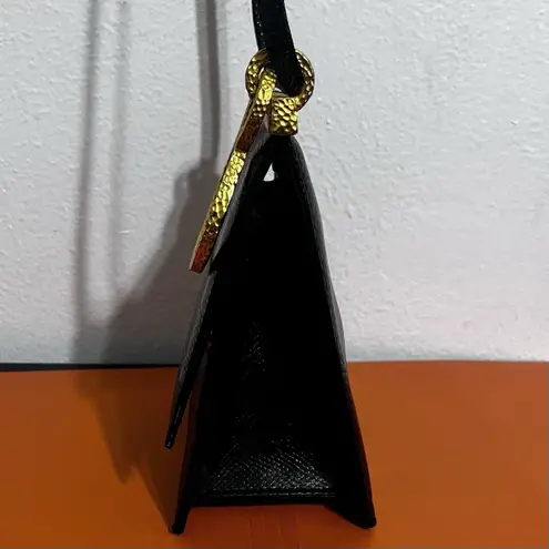 Clara Studio for Asymmetry Vtg Black Lizard Embossed Leather Bag 24K Gold Handle