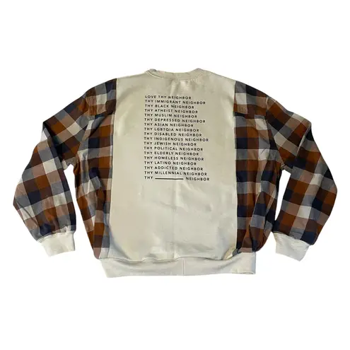 Handmade Unique One of a Kind Flannel Sleeve Love Your Neighbor Cream Sweatshirt M L