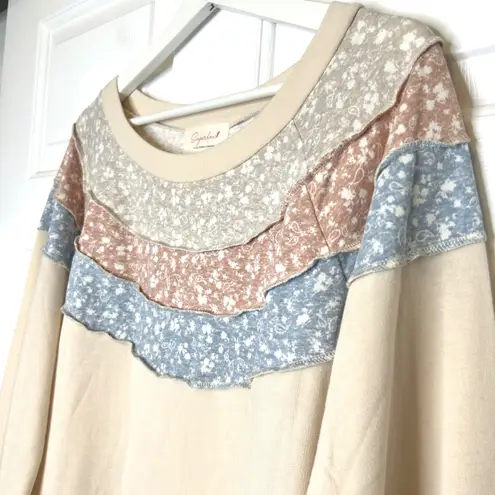 Sugarfox Floral Patchwork Seam Stitch Long Sleeve Casual Sweatshirt Top 1XL Tan Size 1X